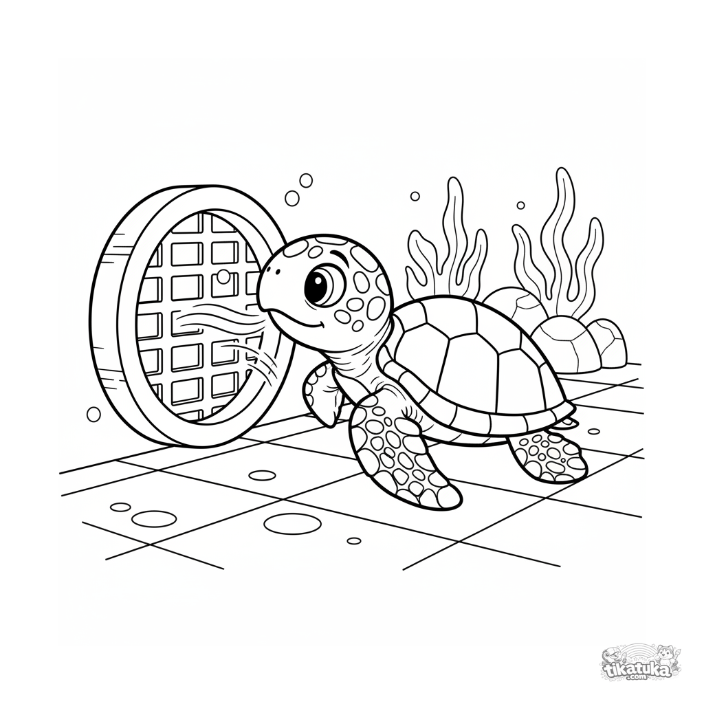 Детёныш черепахи исследует фильтр в бассейне