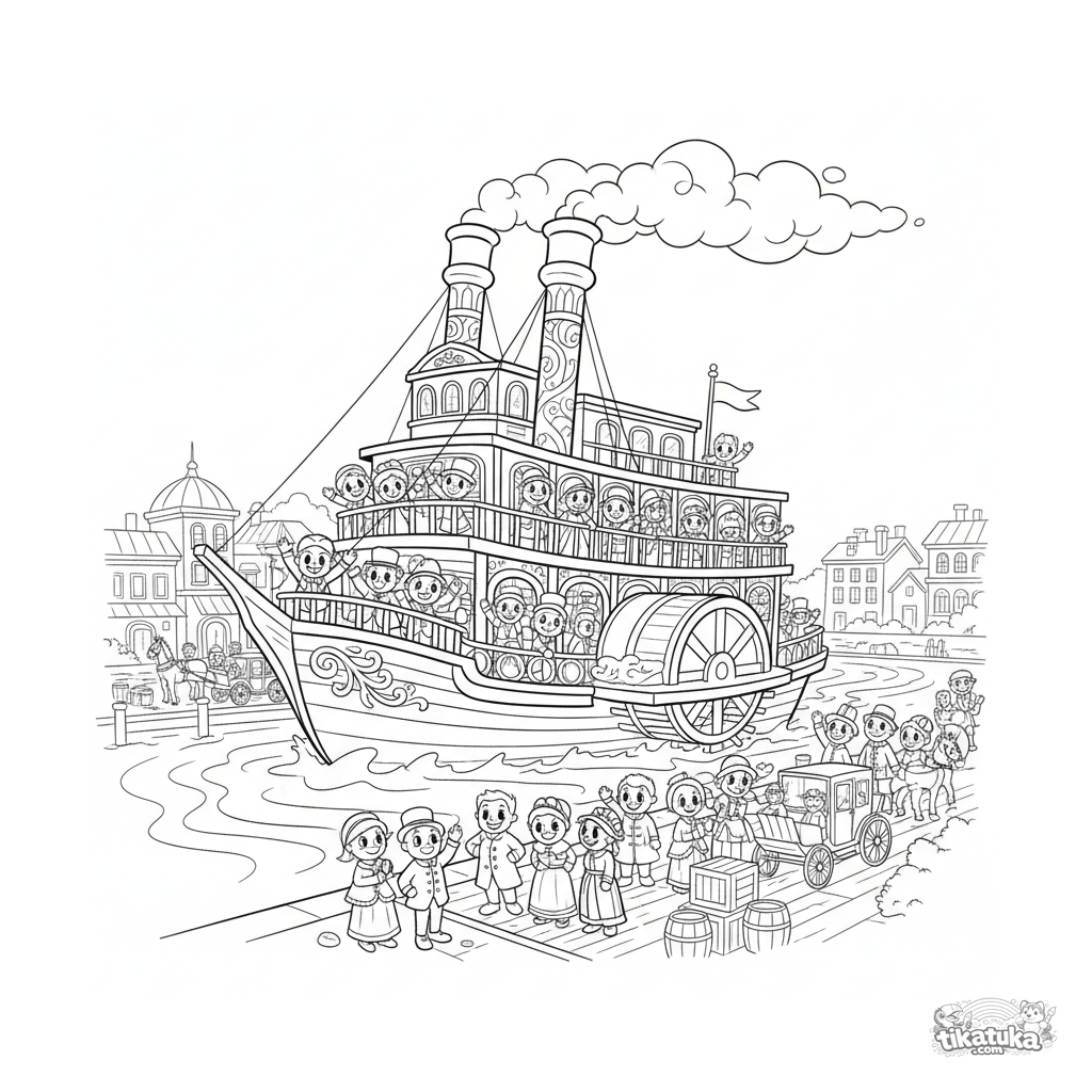 Колёсный пароход отплывает