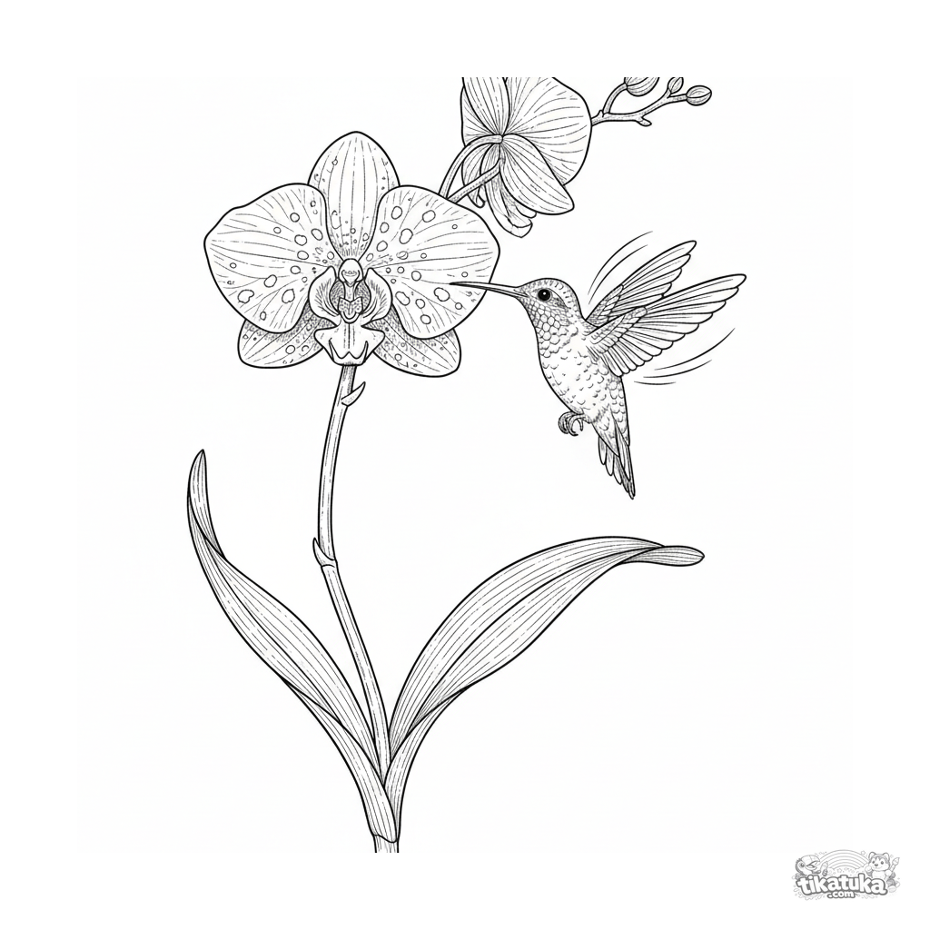 Орхидея с колибри в винтажной гравюре