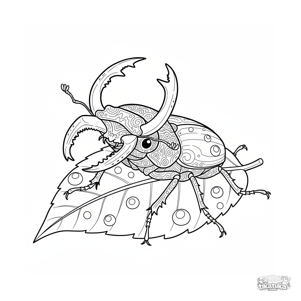 Жук-олень на листе с росой