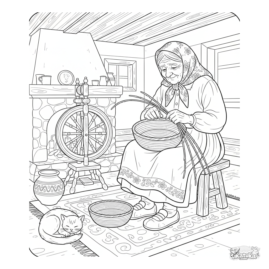 Бабушка плетёт корзину в избе