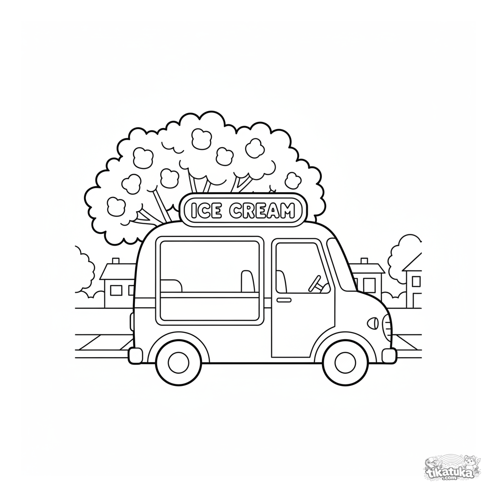 Винтажный фургон с мороженым под цветущим деревом