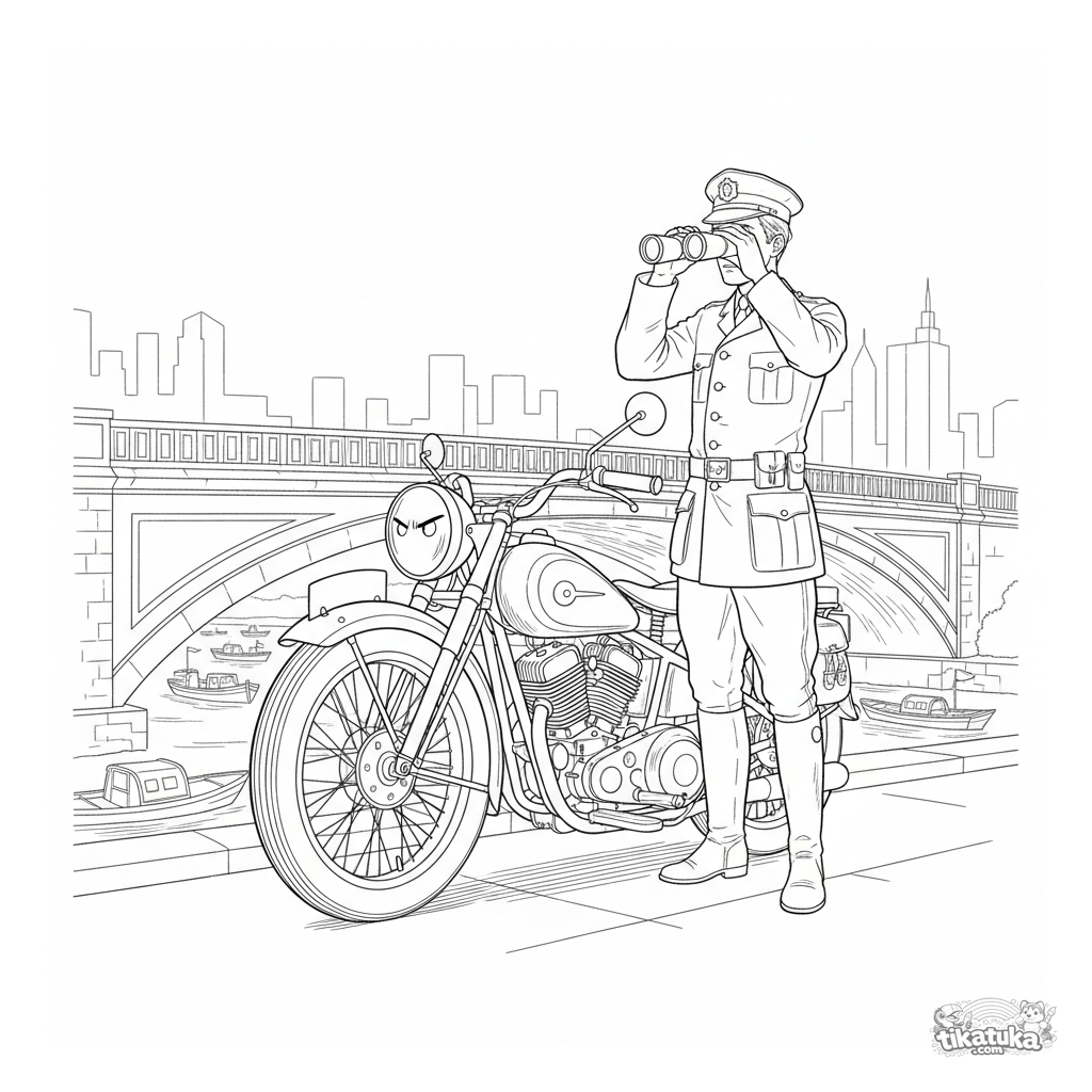 Винтажный полицейский мотоцикл на патрулировании моста