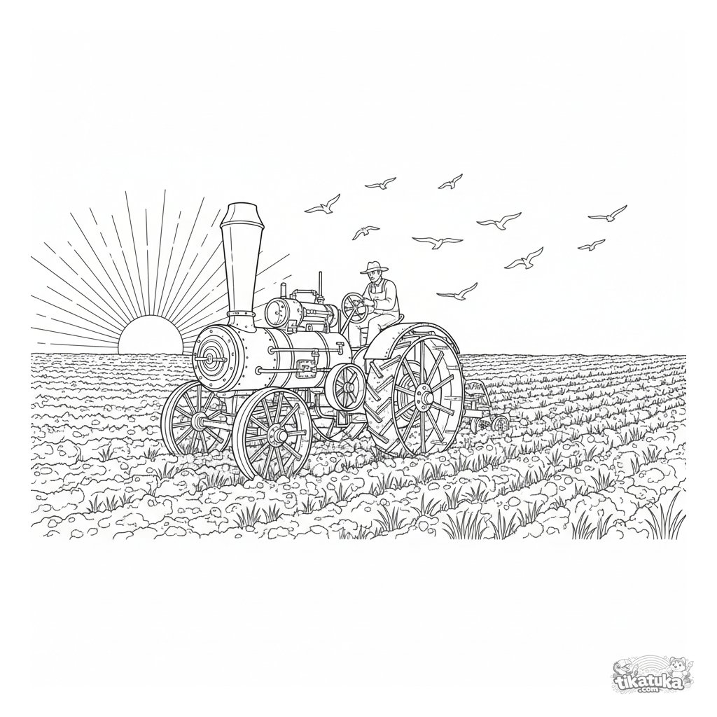 Винтажный паровой трактор в поле на рассвете