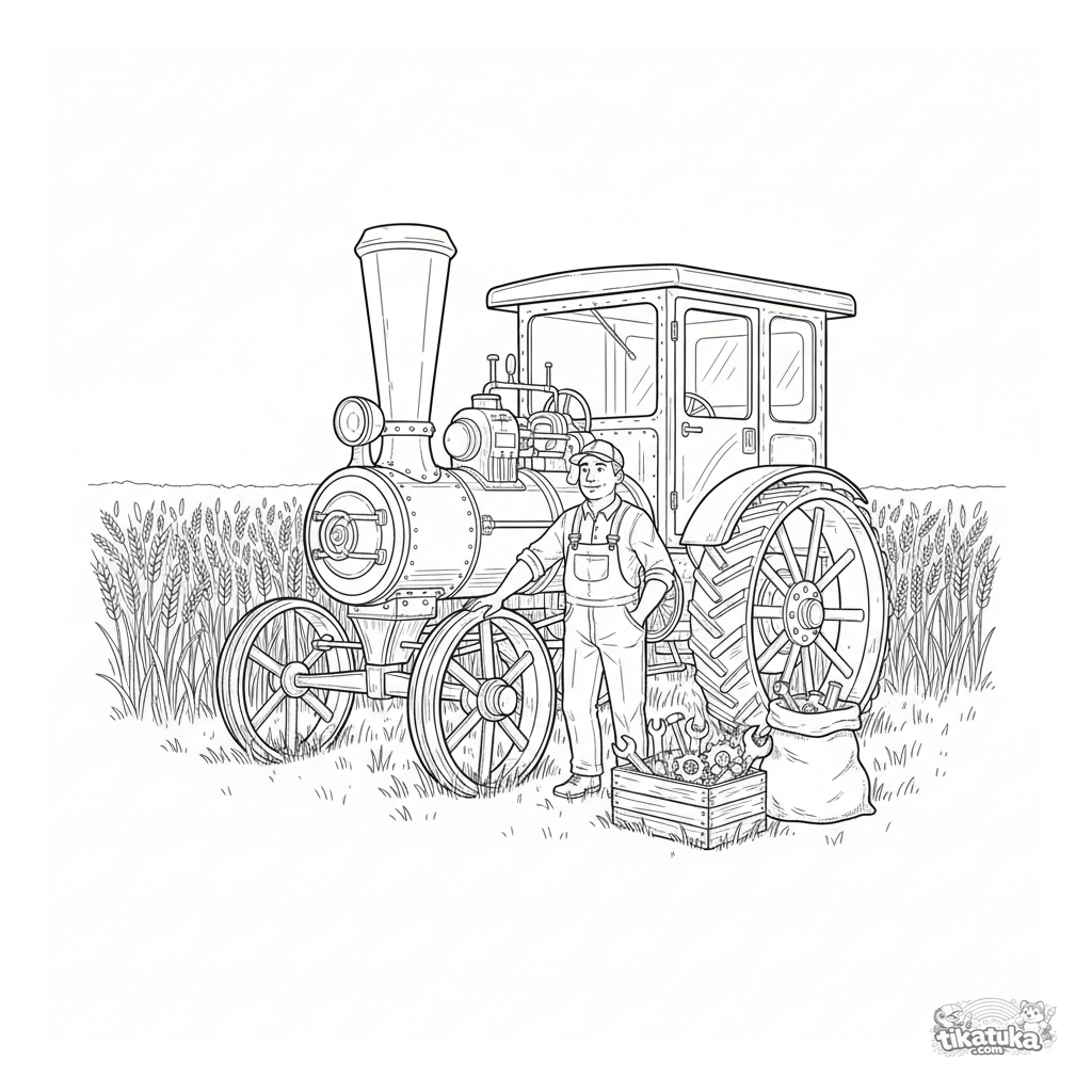 Винтажный паровой трактор в поле