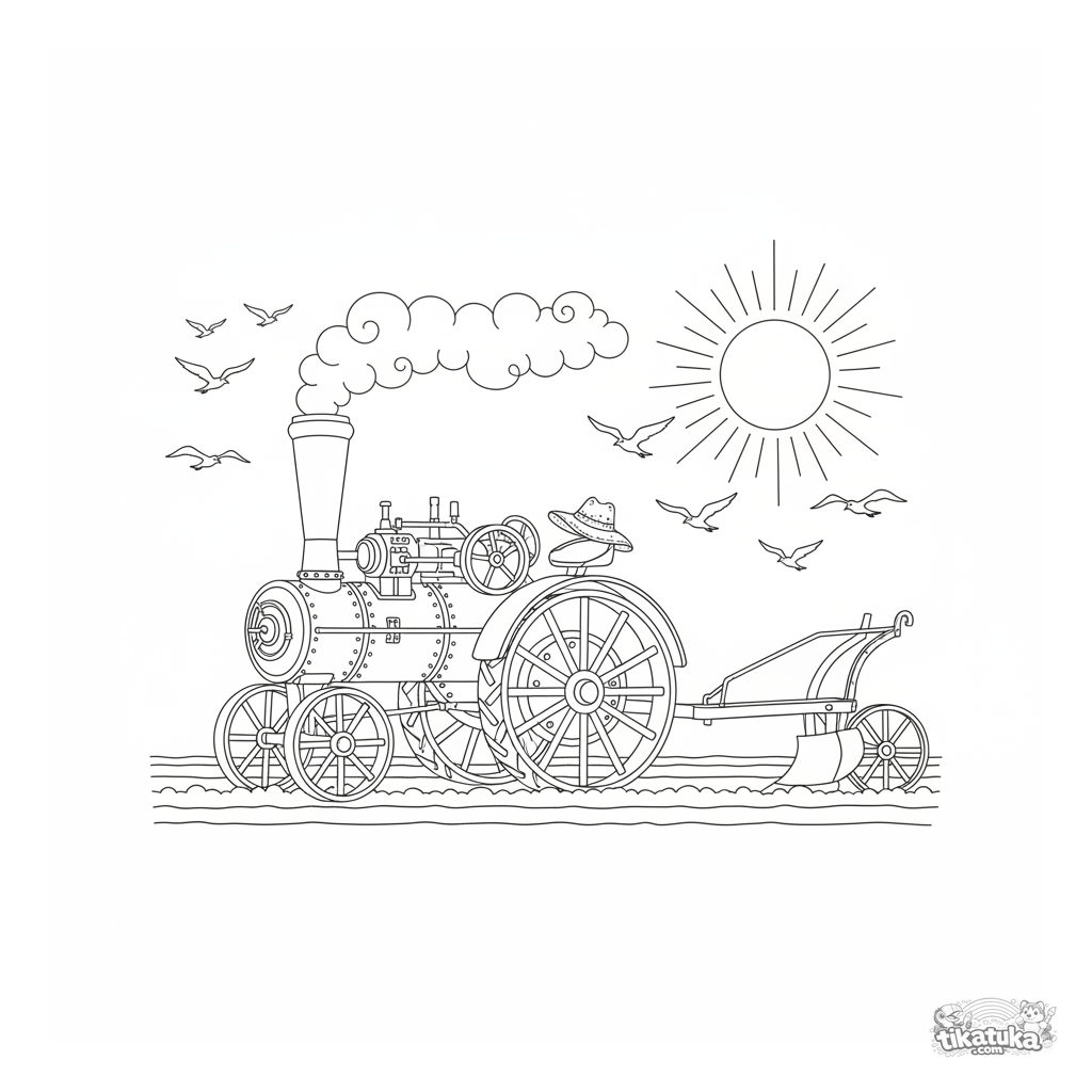 Винтажный паровой трактор в поле на рассвете